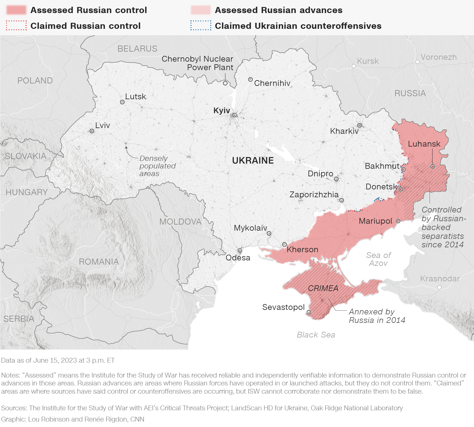 赤色はロシアの支配下と推定される地域、薄いピンク色はロシアが進軍していると推定される地域、赤い点線はロシアが支配していると主張する地域、青い点線はウクライナが反攻していると主張する地域。米東部時間６月１５日午後３時時点/CNN