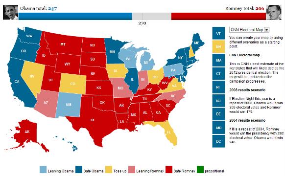 青がオバマ大統領優位の州、赤がロムニー氏優位の州、黄が互角の州だ