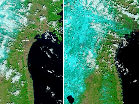 米航空宇宙局（ＮＡＳＡ）の観測衛星による仙台市の海岸線の衛星写真　１１年２月２６日撮影（左）、同３月１２日午前１０時３０分撮影（右）