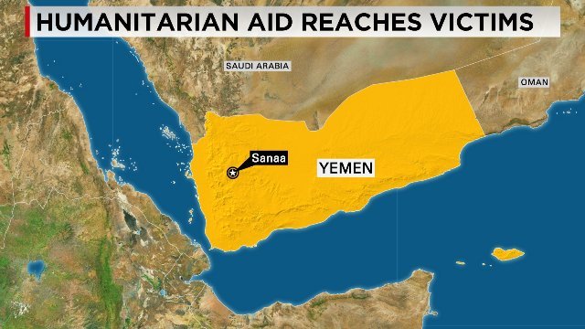 イエメンの首都サヌアに人道支援物資が到着した
