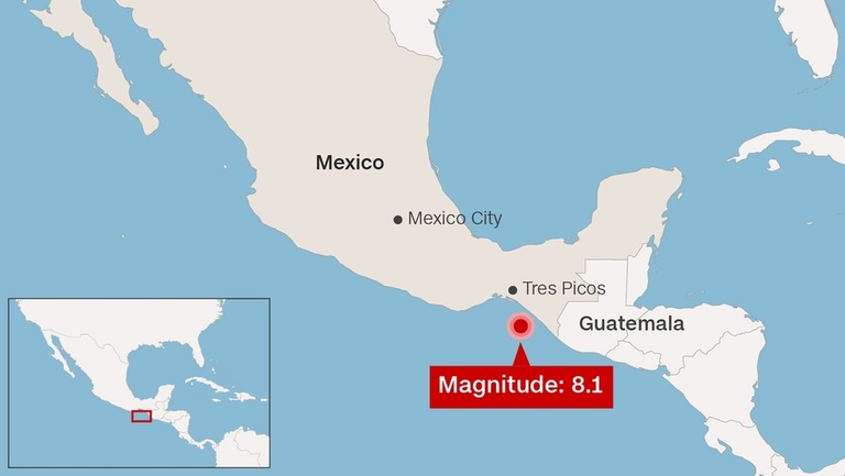 米地質調査所によると、メキシコ南部沖でＭ８．１の地震が発生