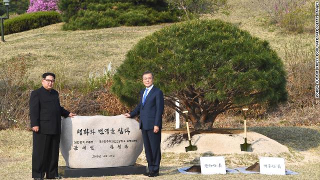 植樹や石碑の除幕式にともに参加する金正恩氏（左）と文在寅氏