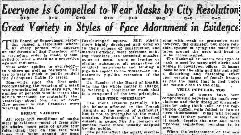 サンフランシスコ・クロニクル紙が掲載したマスク着用に関する１９１８年１０月２５日付の記事/San Francisco Chronicle