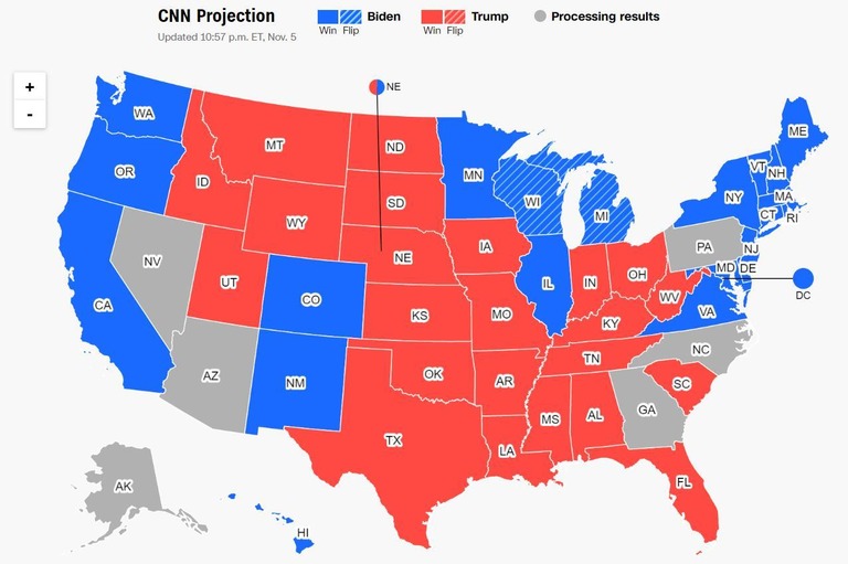 ＣＮＮの各候補者の選挙人の獲得予想（日本時間１１月６日１７時現在）/CNN