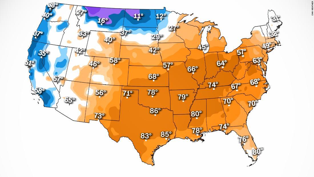 ２５日の予測気温。オレンジ色が平年を上回る地域/CNN Weather