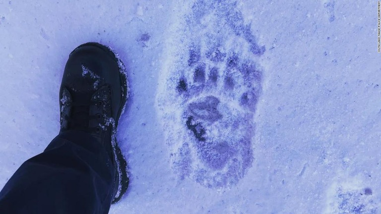 雪についたハンクの足跡を地元警察の警官の足と比較/South Lake Tahoe Police Department