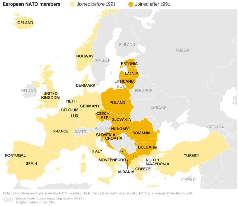 欧州の北大西洋条約機構（ＮＡＴＯ）加盟国。黄色が１９９１年以前の加盟国。オレンジ色が１９９１年以降の加盟国