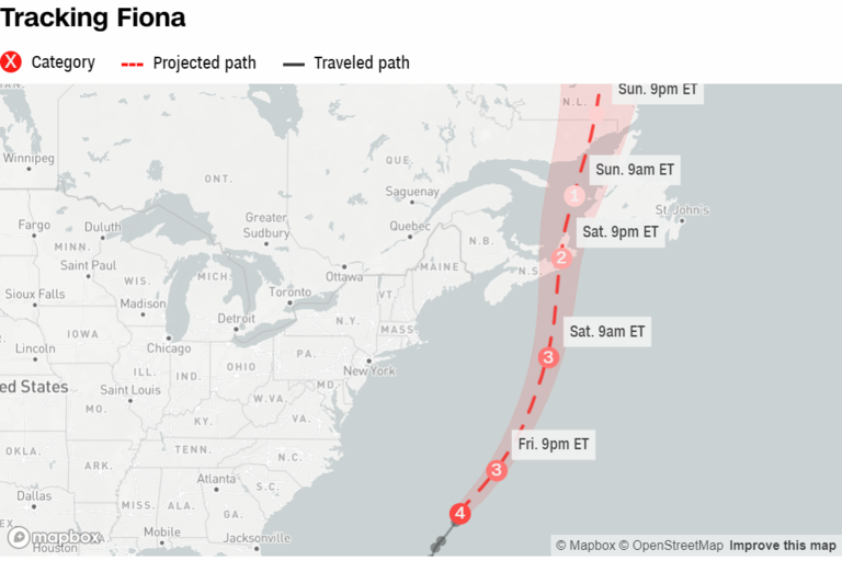 ハリケーン「フィオナ」の進路予想図/Mapbox/OpenStreetMap