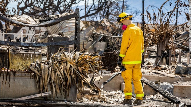 山火事で壊滅状態となったマウイ島のラハイナで活動する捜索隊員/U.S. Army National Guard/Staff Sgt. Matthew A. Foster/Handout/Reuters