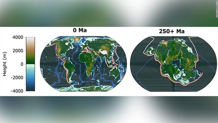 現在の世界の地理と２億５０００万年後の地球の地理/University of Bristol