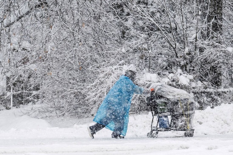 雪の降ったアンカレジの路上をショッピングカートを押して歩く人/Marc Lester/Anchorage Daily News/AP