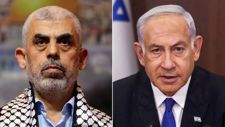 パレスチナ自治区ガザ地区における最高指導者ヤヒヤ・シンワル氏とイスラエルのネタニヤフ首相/Getty Images/Shutterstock via CNN Newsource 20 May 24
