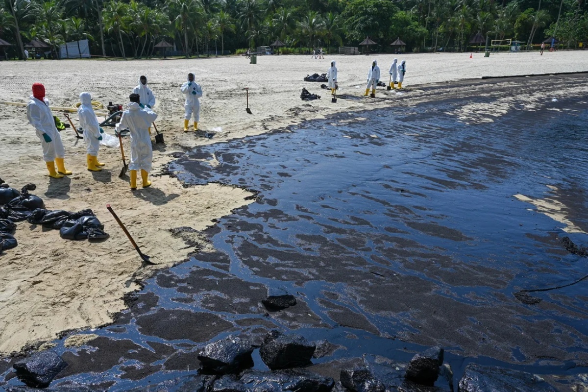 セントーサ島沿いのビーチを油が覆っている＝１６日/Roslan Rahman/AFP/Getty Images