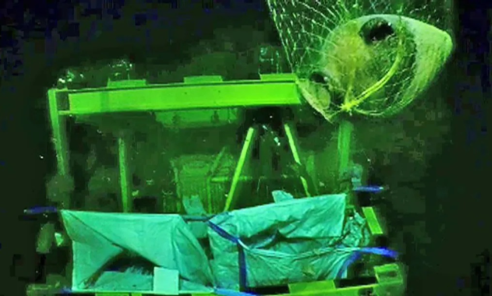 海底作業用のロボットがネットで古代の容器を回収。海面へと引き上げる/Energean