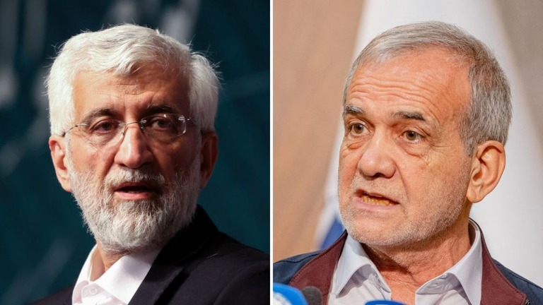 イラン大統領選は、改革派のペゼシュキアン元保健相（右）と保守強硬派ジャリリ元最高安全保障委員会事務局長との間で決選投票が行われる/Getty Images