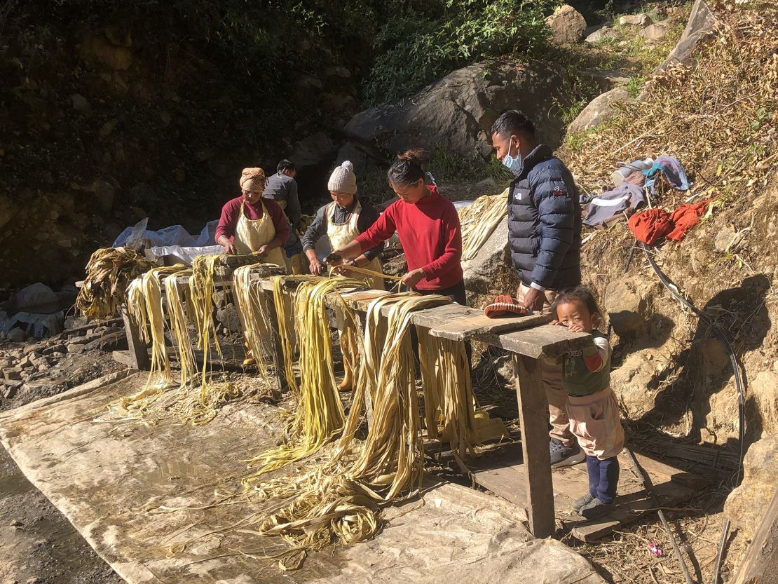 ミツマタの処理を行うネパールの農家の人々＝２０２３年、ネパール・カトマンズ/Tadashi Matsubara