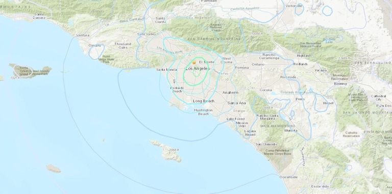 米カリフォルニア州ロサンゼルスで現地時間の１２日午後０時２０分ごろ、マグニチュード（М）４．４の地震が発生した/USGS