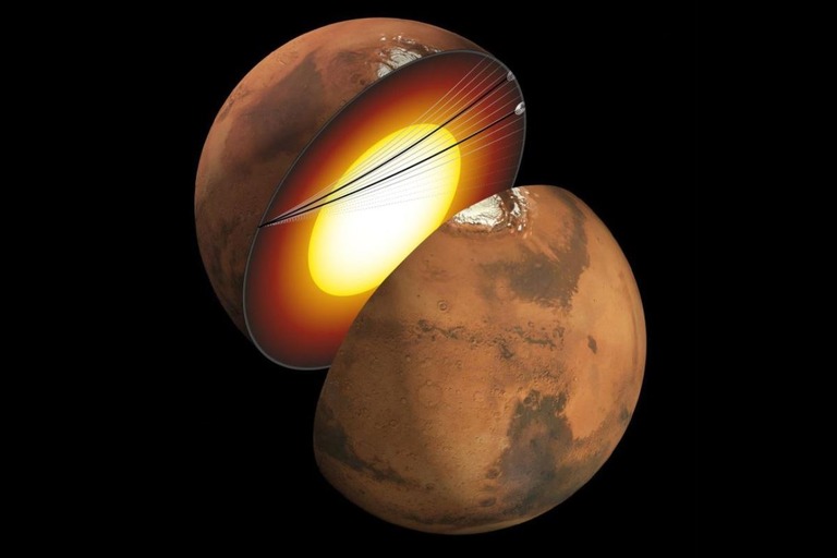 探査機が検知した二つの地震の振動が火星の内部を移動するイメージ図/NASA/JPL-Caltech/University of Maryland