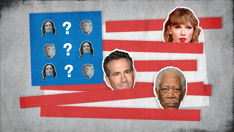 偽の有名人の支持表明が増加し米大統領選挙の混乱を招いている/Illustration by Leah Abucayan/CNN/Getty