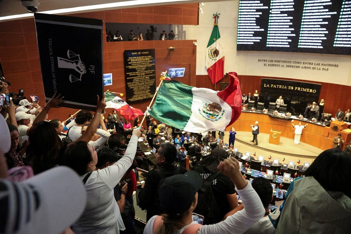 議事堂に入りメキシコの国旗を振るデモ参加者＝１０日、メキシコ市/Luis Cortes/Reuters