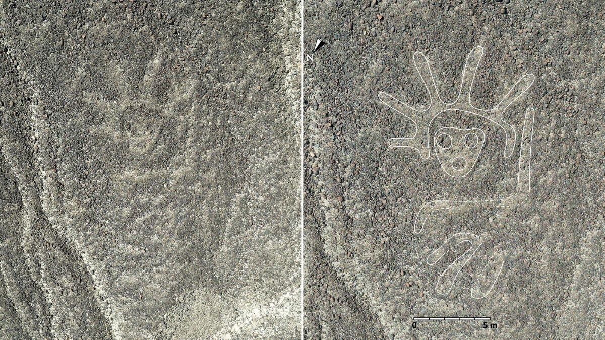 今回新たに発見された頭飾りを付けた人間らしき形象の地上絵/Yamagata University Institute of Nasca via CNN Newsource