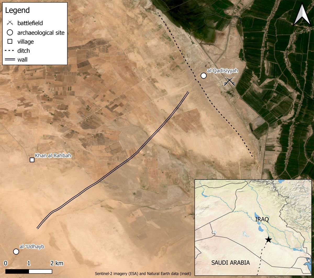 新たに発見された戦場跡地を含むイラク南西部の画像/ESA/Natural Earth via CNN Newsource