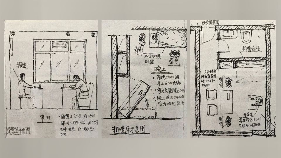 ６カ月拘束された施設での様子を収容者のチェン・ジャンジュン氏が描いたスケッチ/Obtained by CNN