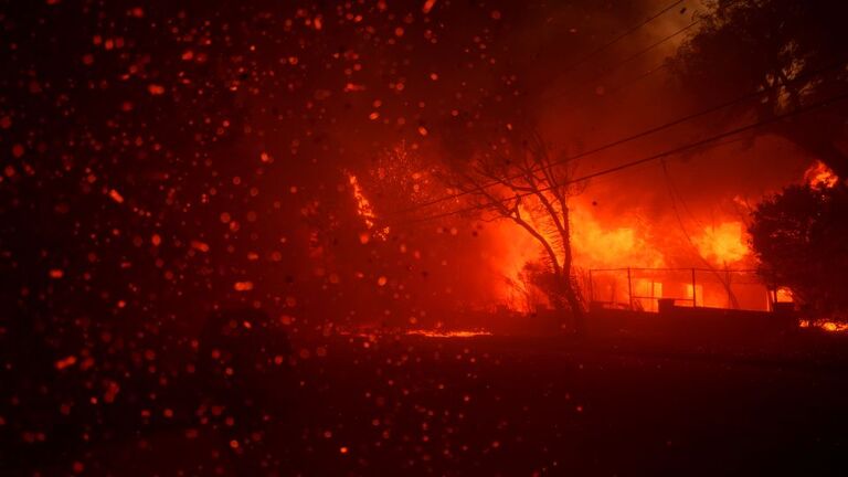 炎がパシフィック・パリセーズの住宅を焼く様子/Eric Thayer/Getty Images